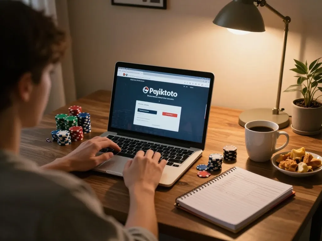 Engaging scene of pajaktoto login on a laptop at home, emphasizing strategic gameplay with poker chips and bankroll notes.