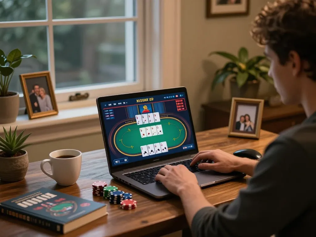 Player enjoying Go99 online poker game in a cozy home office setting