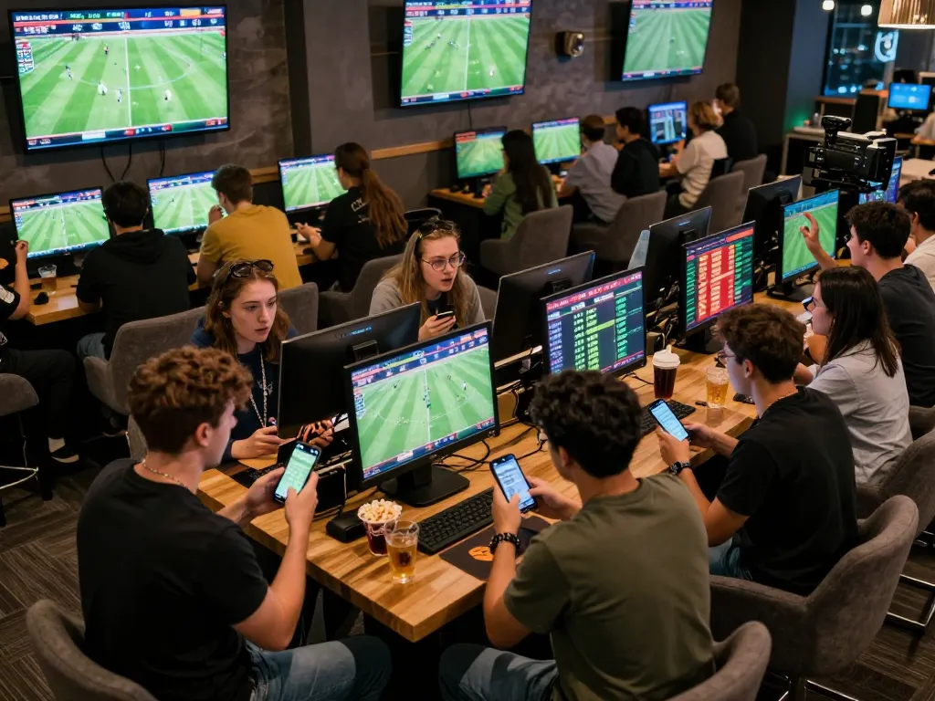 Bongdalu users enjoying sports betting with live match updates and betting discussions in a modern lounge