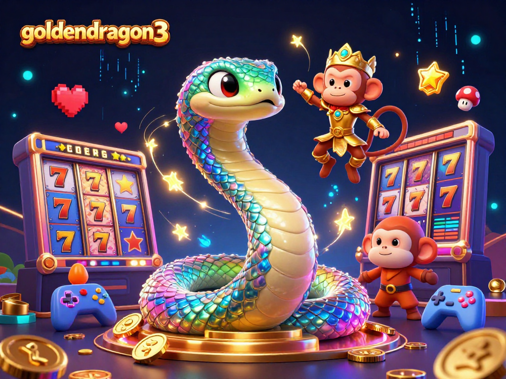 Spin to win with goldendragon3 featuring a vibrant scene of a rainbow serpent and monkey king in a magical casino
