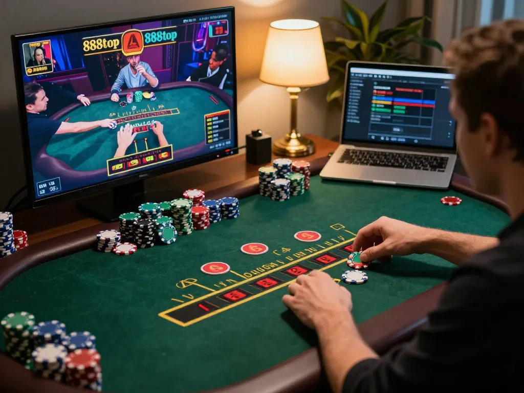 Players enjoying a live blackjack game on 888top, showcasing real-time interaction and vibrant gameplay atmosphere