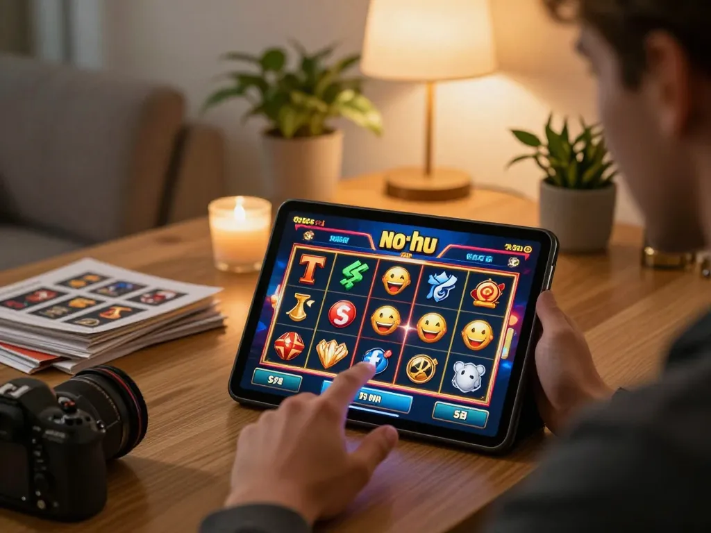 Player spins the no hu slot game on tablet, enjoying a cozy online casino experience at home.