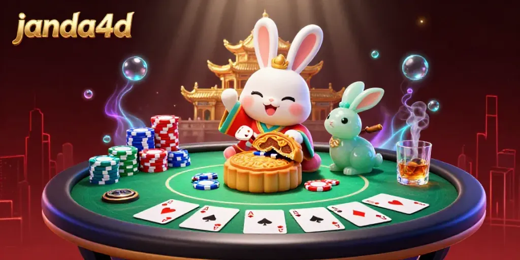 Visualisasi menyenangkan dari janda4d dengan kelinci bulan menggodok kue bulan di permukaan bulan, dikelilingi chip poker berwarna-warni.