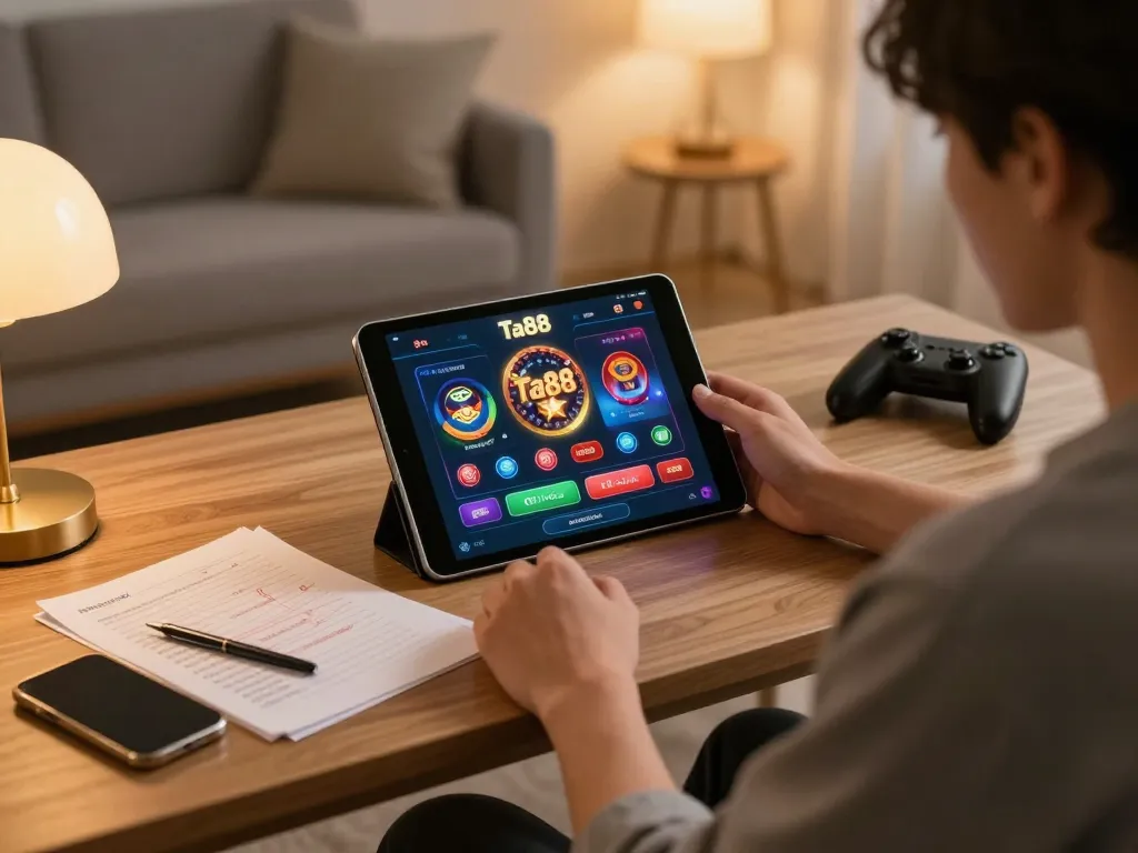 Player engaging with the ta88 casino app on a tablet, showcasing strategic gameplay in a cozy home setting.