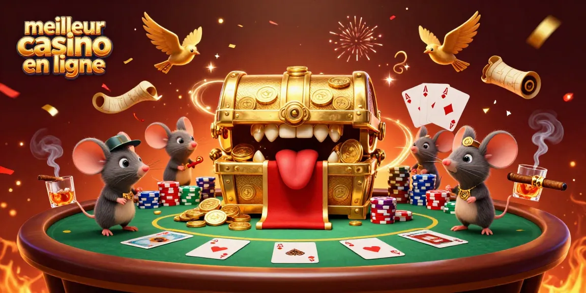 Meilleur casino en ligne illustrant un coffre au trésor attirant des aventuriers avec des éléments de poker variés et riches