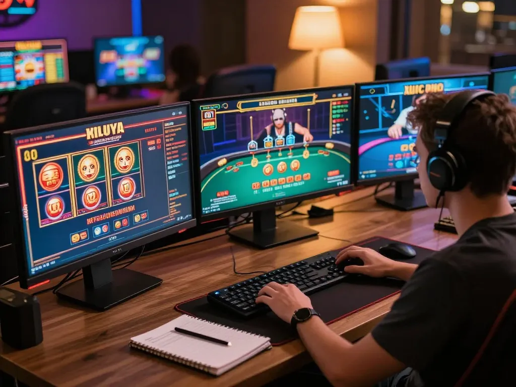 Engaging online gaming scene at RR88 NAVY with player strategizing over multiple casino game screens.