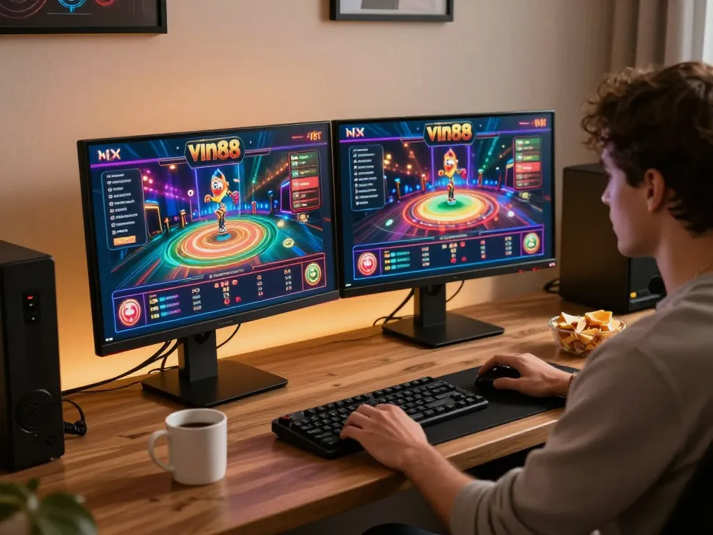 Player engaging with vin88 online casino interface, highlighting strategic gameplay in a comfortable setting.