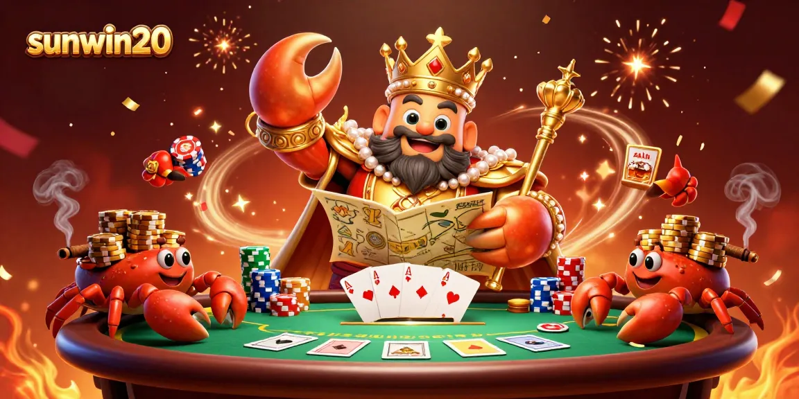 Experience the thrill of sunwin20 with a vibrant 3D scene featuring a golden crab emperor and dynamic casino elements.