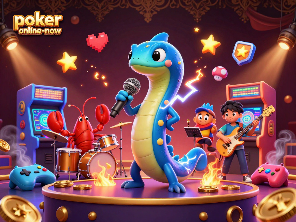 Join exciting casino games at poker-online-now with electric eel DJ and vibrant atmosphere.