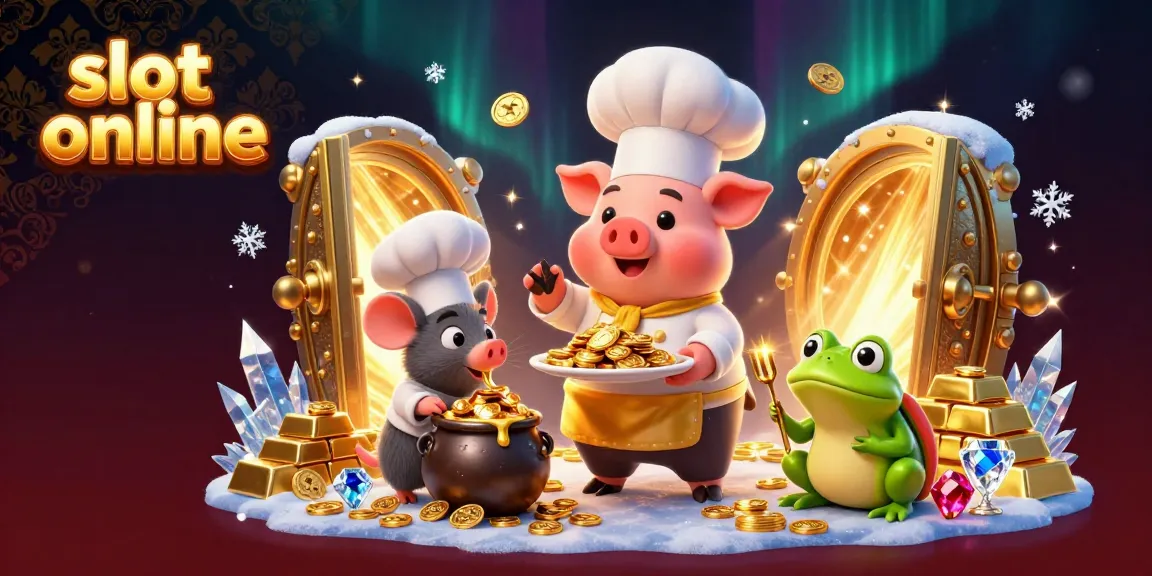 Experience thrilling action at slot online with a vibrant casino scene featuring cartoon characters, coins, and dazzling treasures.