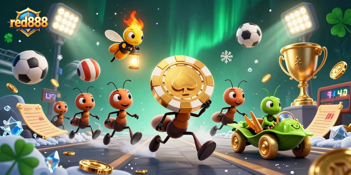 Watch ants steal the massive golden poker chip in a lively red888 casino heist scene.