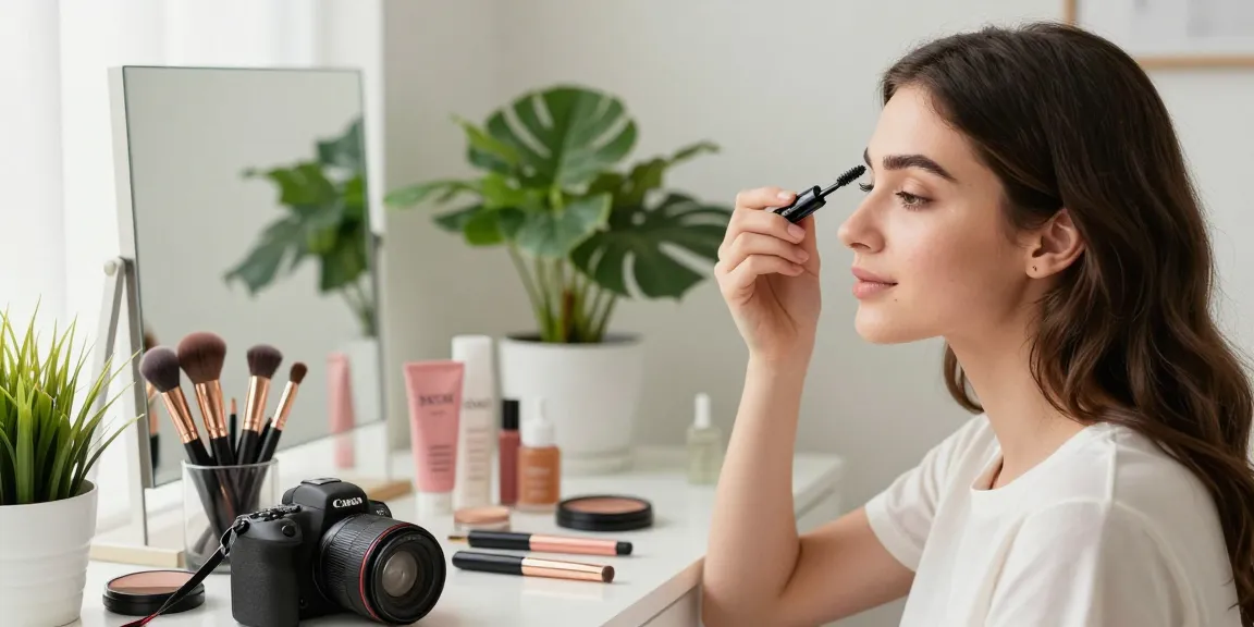 Woman applying Skone Cosmetics Brow Wand at a bright vanity with natural light.
