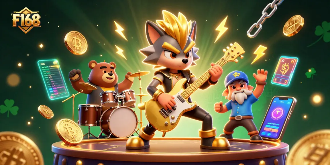 Experience F168 gaming with a vibrant rock star scene showcasing free spins and jackpot excitement.