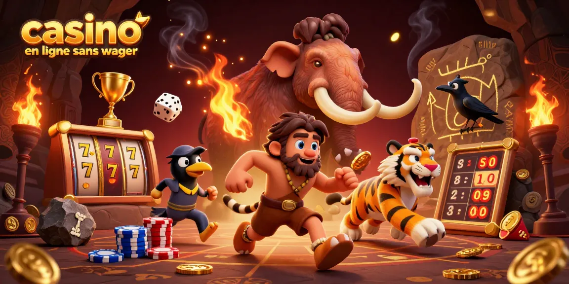Plongez dans le casino en ligne sans wager avec des personnages préhistoriques animés et des éléments dynamiques entourant le jeu.