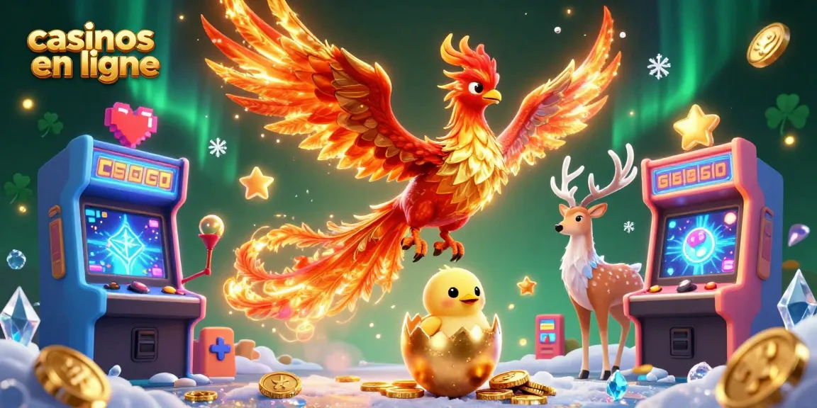 Des éléments de casinos en ligne avec un phénix flamboyant dans une illustration 3D captivante.