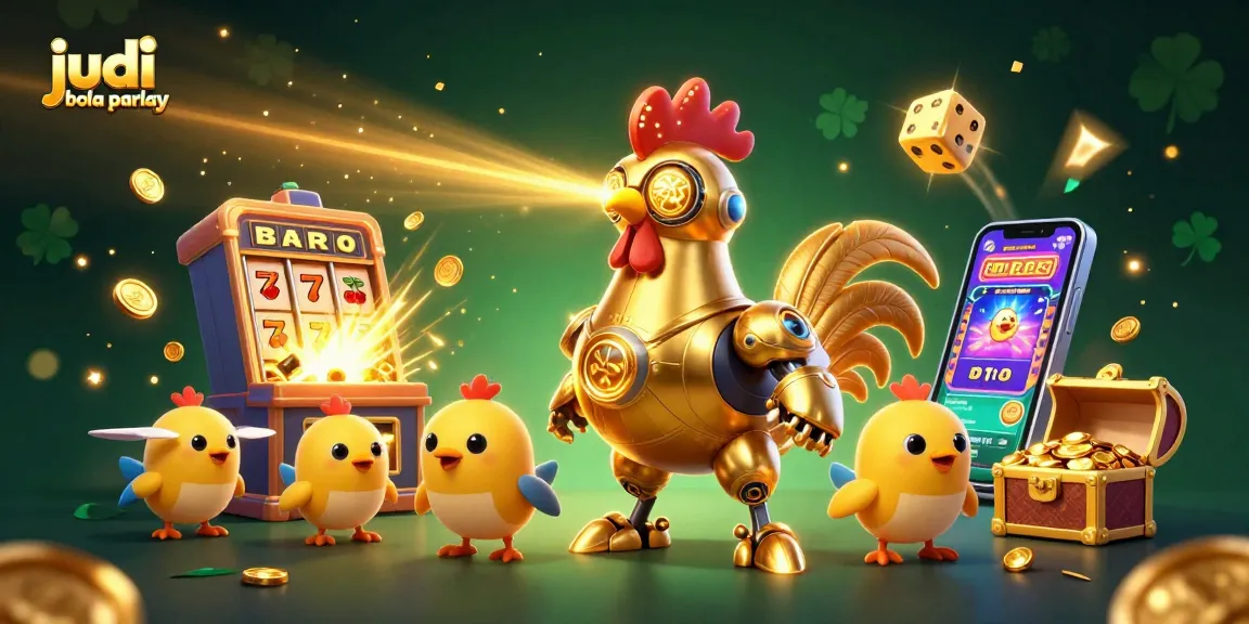Experience thrilling judi bola parlay action with a futuristic golden rooster robot and vibrant casino elements.