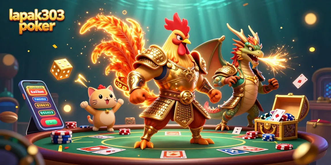 Permainan poker di lapak303 poker dengan ilustrasi raja ayam pejuang dan naga berapi.