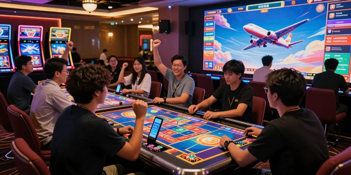 A thrilling aviator game scene with diverse players engaged in a vibrant virtual casino atmosphere.