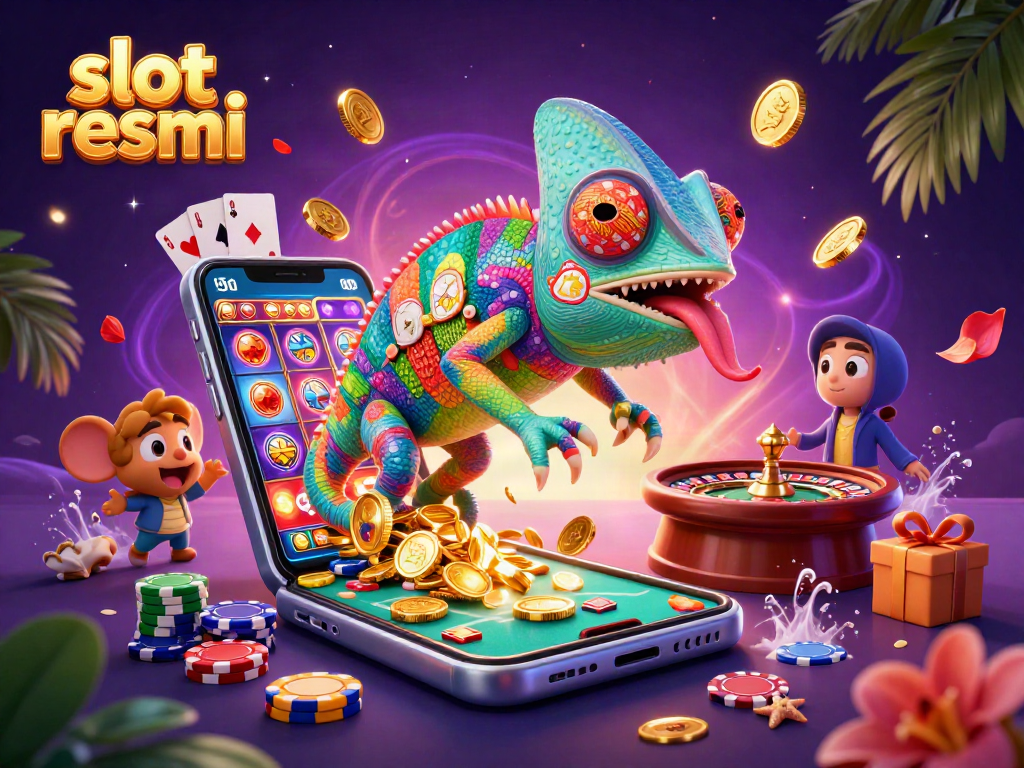 Experience slot resmi with a vibrant chameleon casino owner surrounded by slot games and casino elements