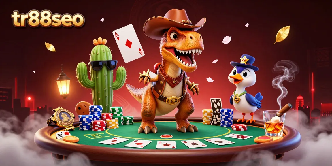 tr88seo showcases a vibrant casino scene with a T-Rex gambling at a poker table, enhancing the gaming experience.