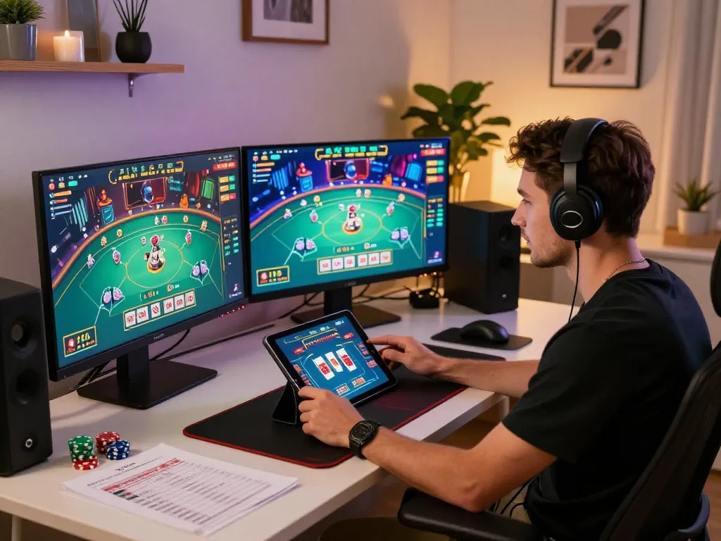 Engaged gamer enjoying an online 包网 experience with multiple screens showing casino games and strategic notes.