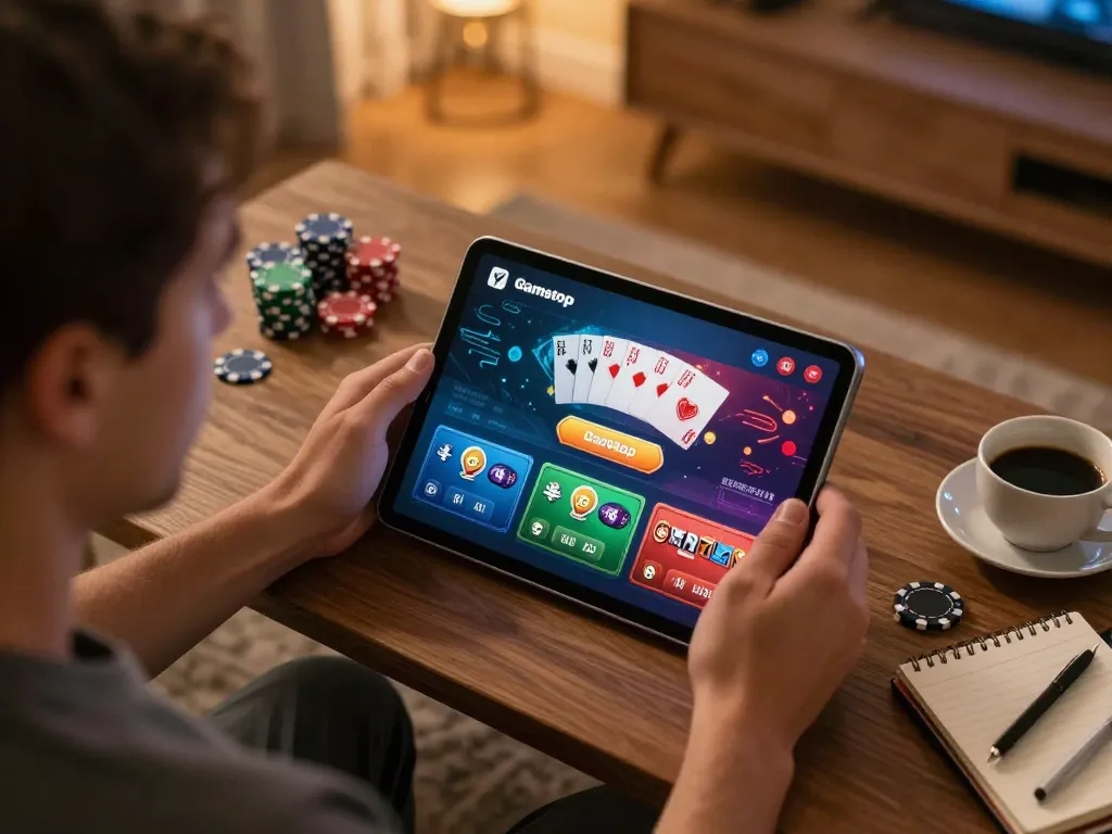 Player engaging intensely with sites not on Gamstop while enjoying home comforts in vibrant online gaming