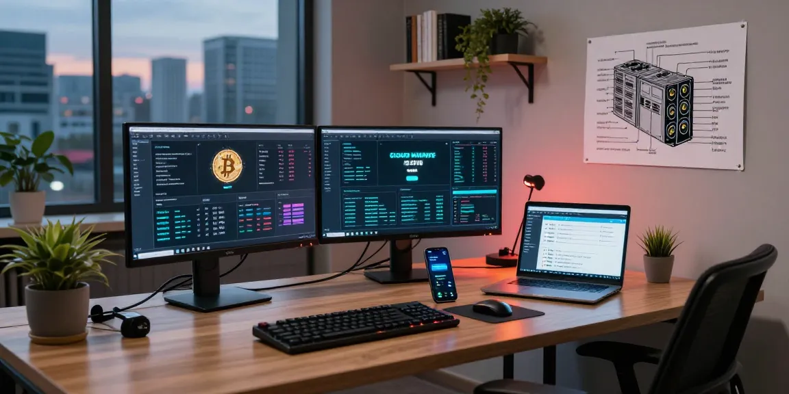 Cloud mining site setup in a professional office showcasing cryptocurrency trading analytics, Bitcoin mining statistics, and security-focused digital wallet management.