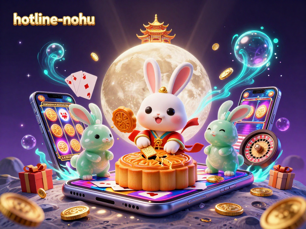 Engage with hotline-nohu through a magical scene depicting a moon rabbit and casino-themed elements like poker chips.