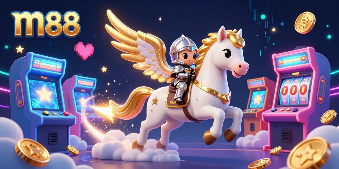 Engage with m88's vibrant arcade scene featuring a celestial horse and jackpots.