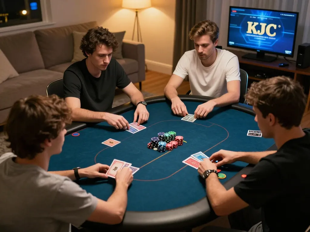 KJC players engaging in a competitive online poker game, showcasing excitement in a cozy home environment.