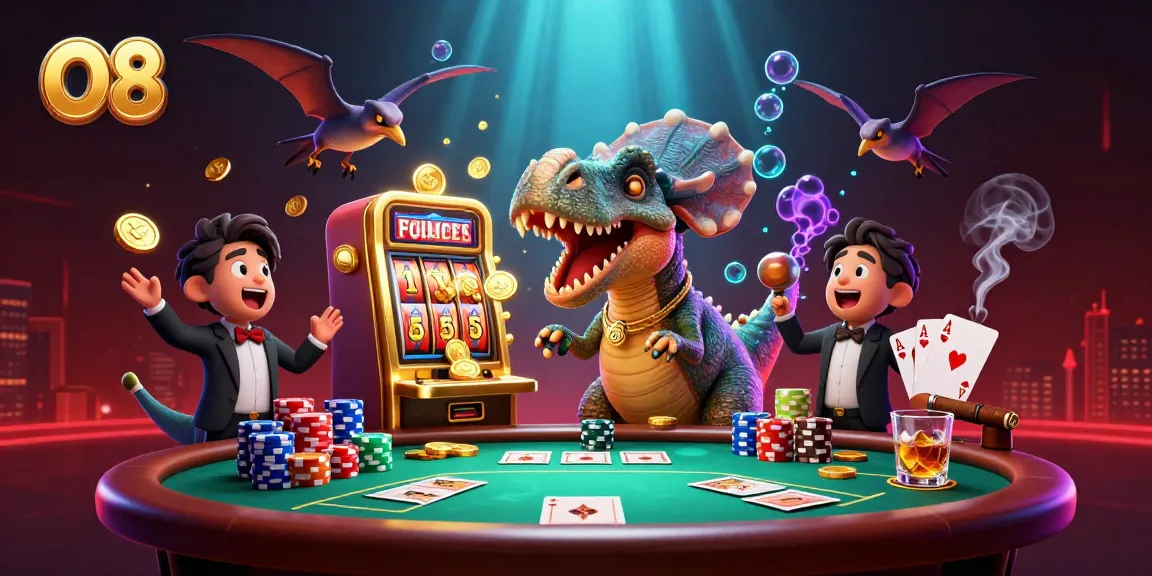 O8 features a cartoon dinosaur interacting with a golden slot machine, surrounded by vibrant casino elements.