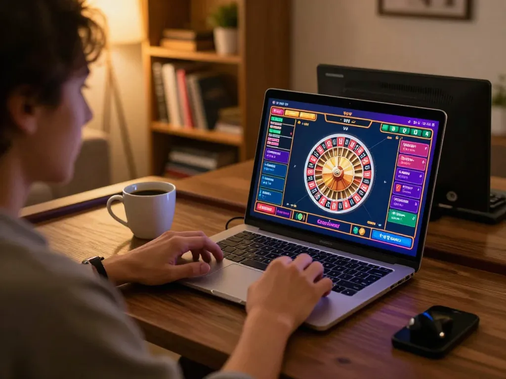 Engaging online roulette game at Vipwin showing excitement and strategy in a cozy home setup.
