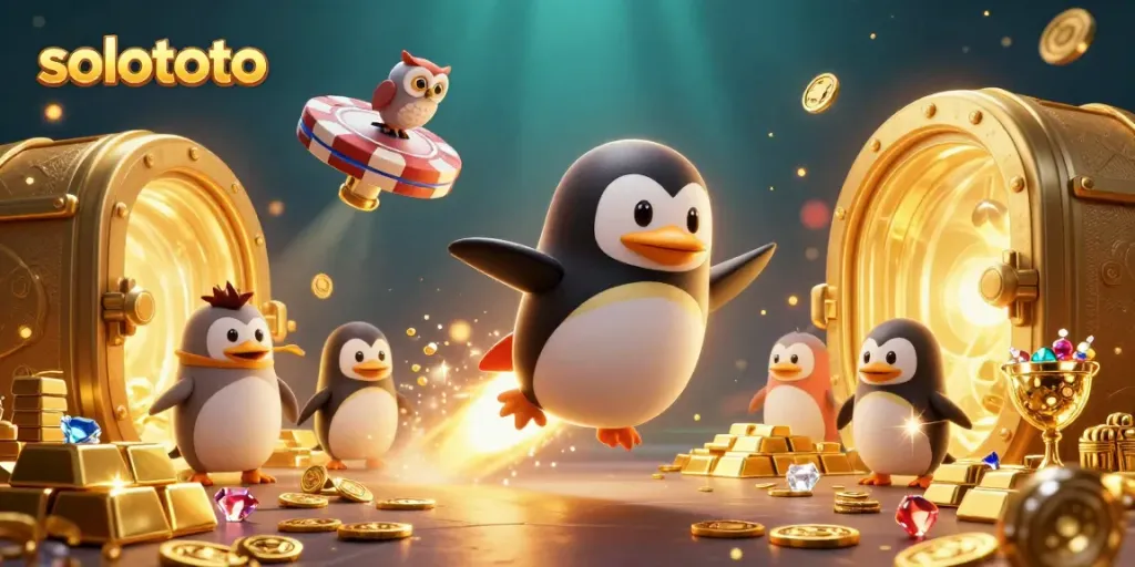 Gambarkan Solototo dengan penguin emas berperahu roket mengarungi ruang angkasa menuju kasino, dikelilingi harta karun.