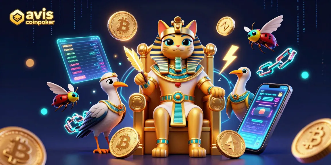 Jouez sur CoinPoker et découvrez son interface innovante avec des personnages égyptiens, des éléments de crypto et du jeu.