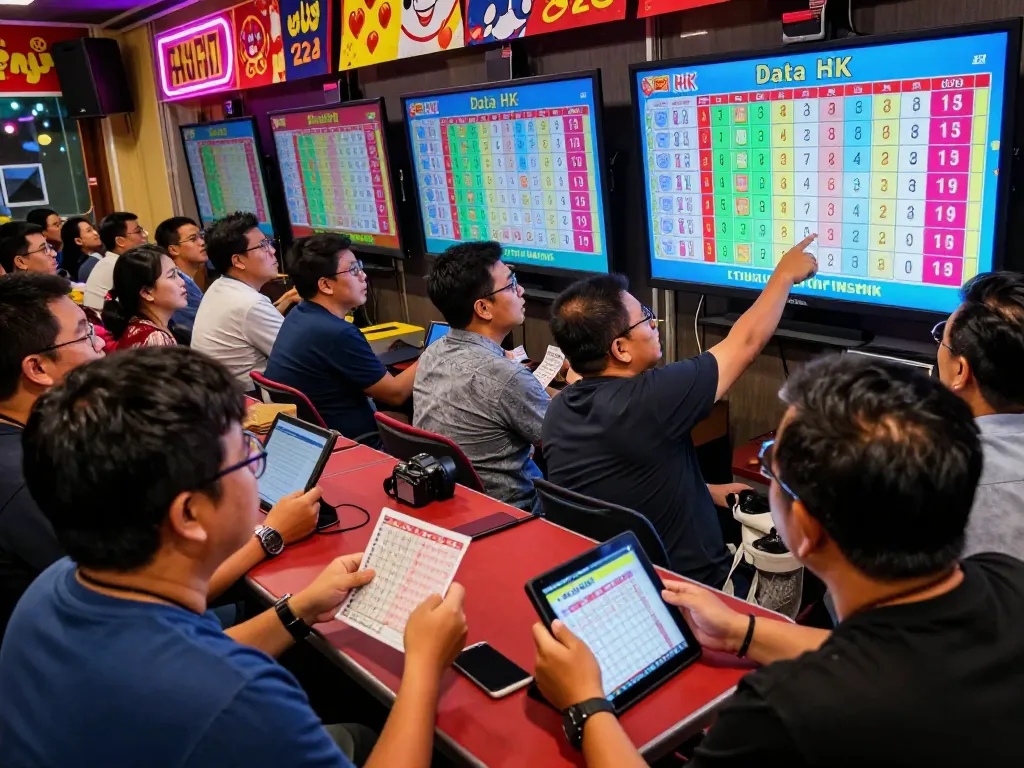 Engaged audience in a lively togel event, focusing on Data HK results displayed on screens.