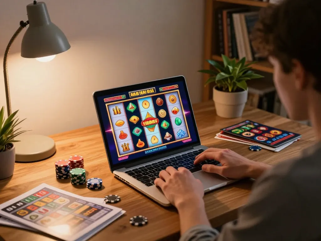 Engaging in slot depo 1k gameplay at home with colorful winnings displayed on a laptop.