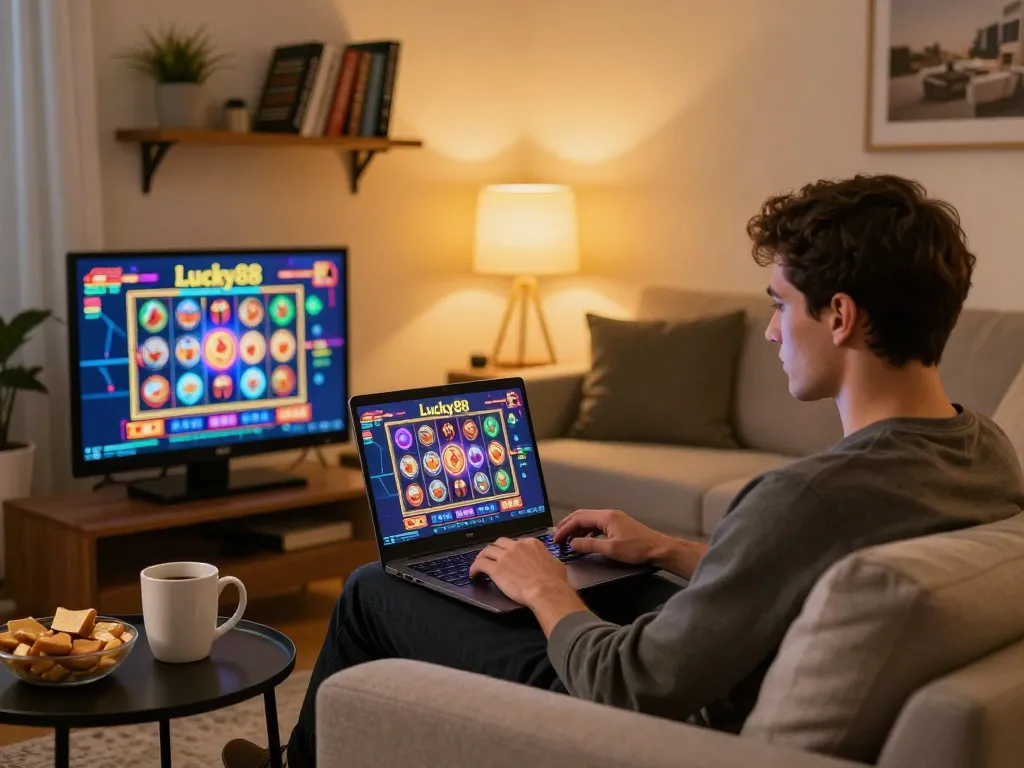Engaged player enjoying the lucky88 slot game on a laptop in a cozy home setting