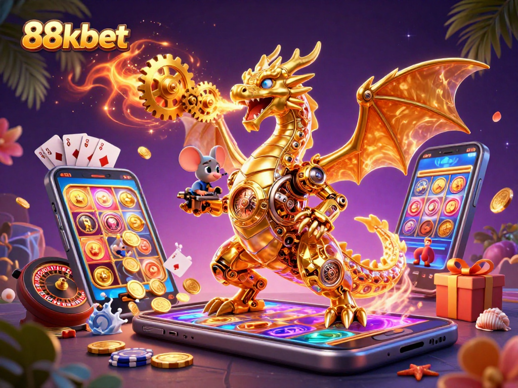 Experience excitement at 88kbet with a dynamic 3D dragon, thrilling slots, and vibrant casino elements.