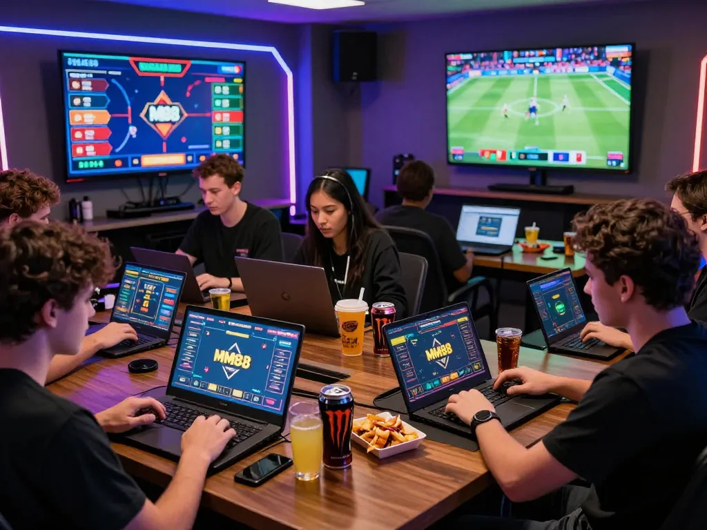 Players enjoying an online betting experience with MM88 branding, showcasing lively gaming atmosphere in 2026.