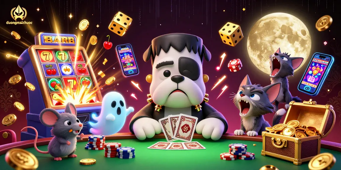 Engage with duongmatchuoc as the cartoon Frankenstein bulldog deals cards amid vibrant casino elements.