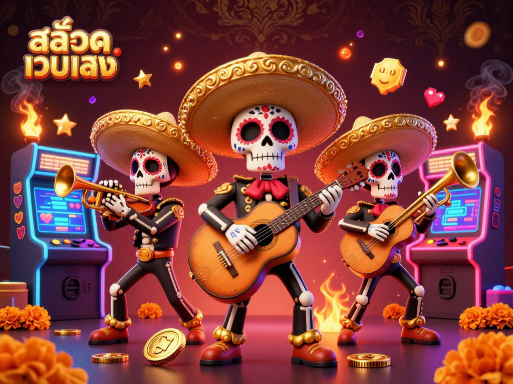 Experience สล็อตเว็บตรง in a vibrant casino scene with colorful mariachi skeletons and dynamic game elements.