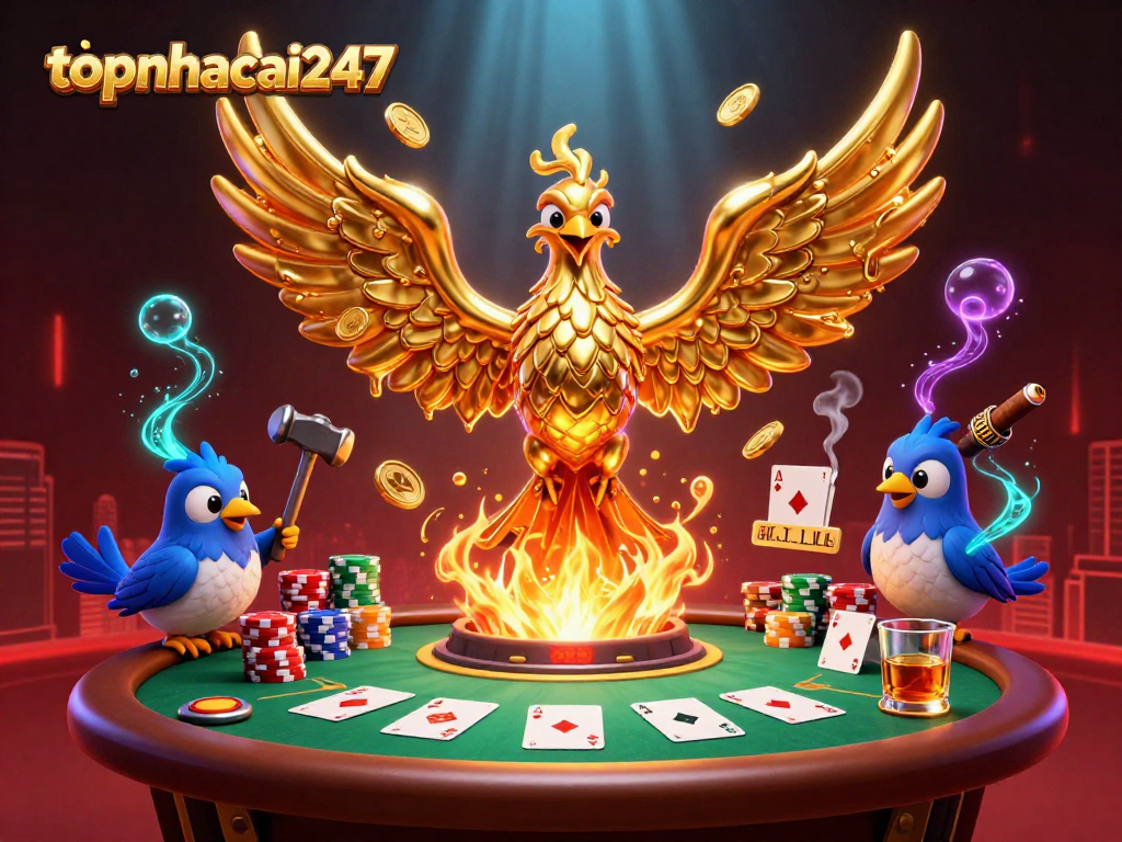 Experience thrilling gameplay at topnhacai247 with a vibrant casino scene featuring a golden phoenix and poker elements.