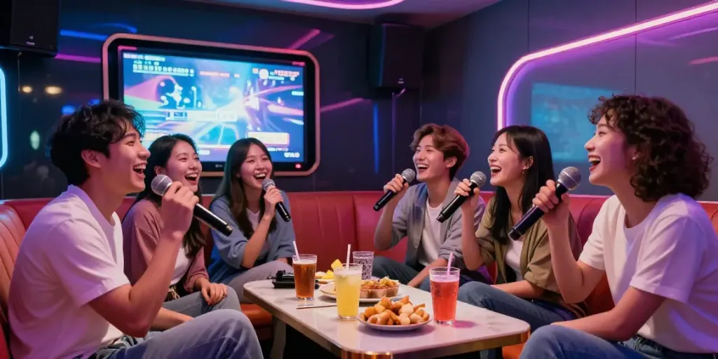 도파민 가라오케에서 친구들과 함께 노래하며 즐거운 시간을 보내는 모습