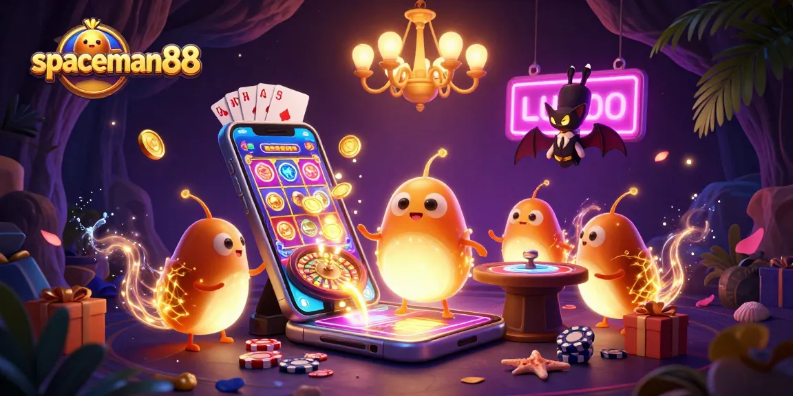Experience growth and excitement with spaceman88 in an immersive 3D cave casino illustration featuring lively glowworms and vibrant games.