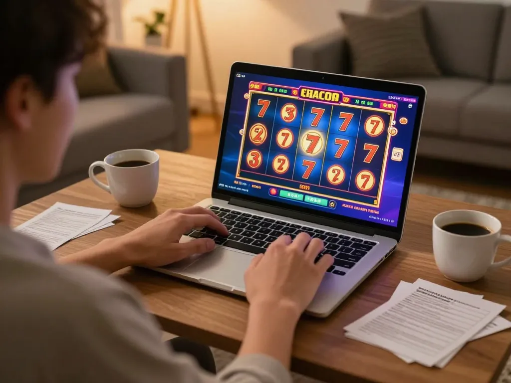 Engaging in slot gacor 777 online gaming at home with colorful graphics on-screen, showcasing player strategy.