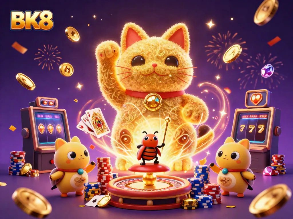 Engage in the vibrant BK8 casino world with a 3D depiction of a lucky cat, swirling coins, and festive energy.