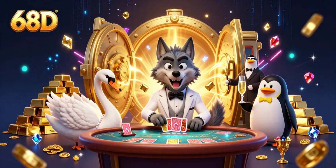 Join the excitement at 68D with a debonair wolf, elegant swan, and penguin in a lavish casino scene.