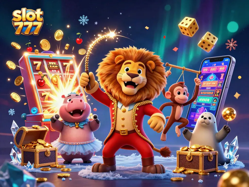 Menangkan besar dengan slot 777 di ilustrasi kasino yang penuh warna dan simbol kemenangan.