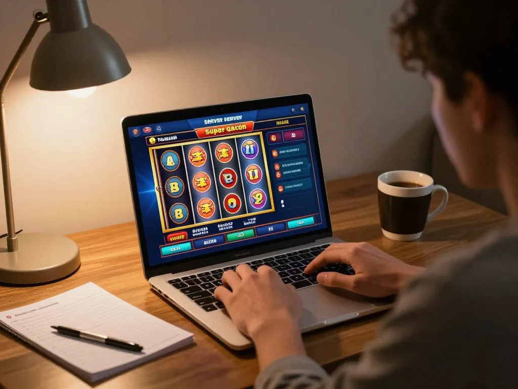 Pemain yang terlibat menjelajahi slot server thailand super gacor di laptop, menyoroti gulungan berwarna-warni dan permainan yang strategis.