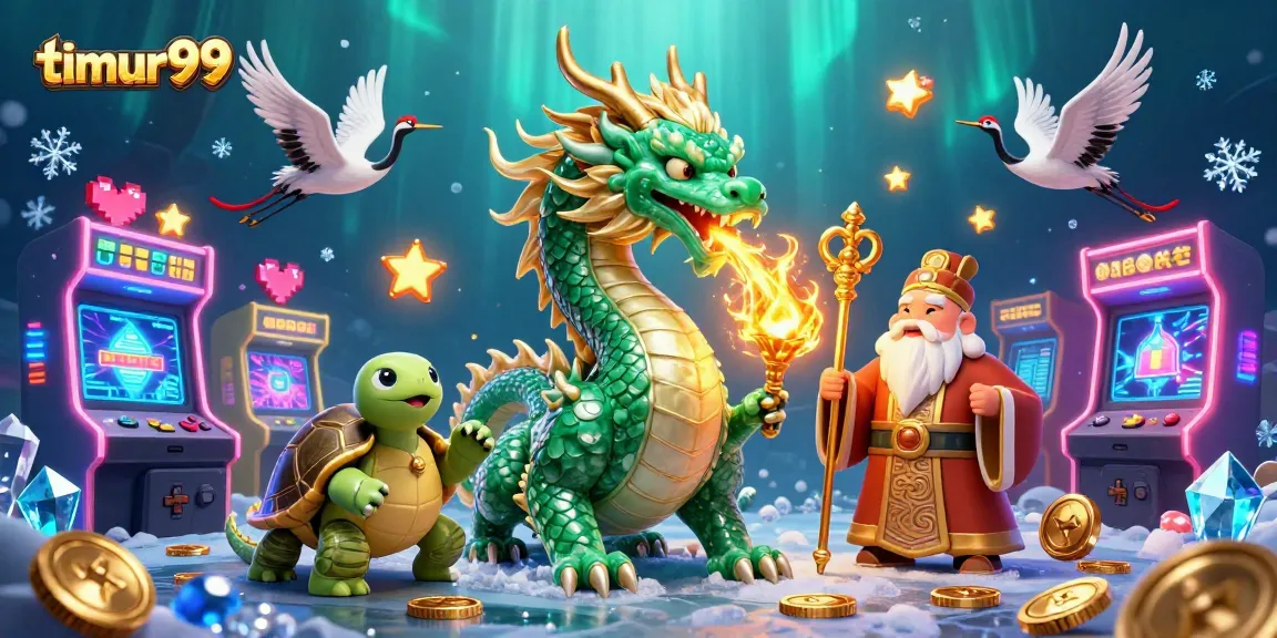Experience exciting gameplay at timur99 with vibrant illustrations of dragons, lucky cranes, and gaming elements.